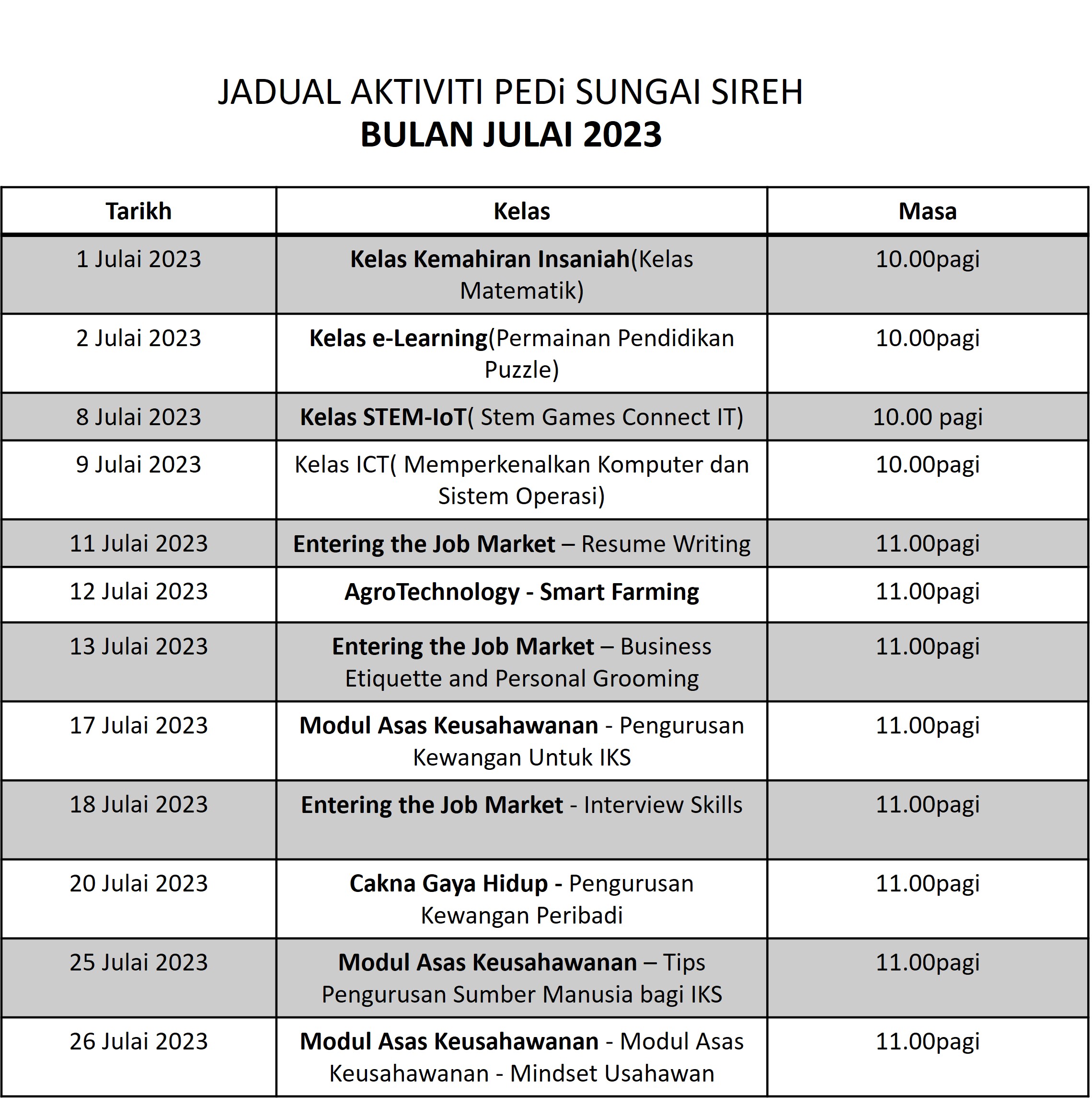jadual julai